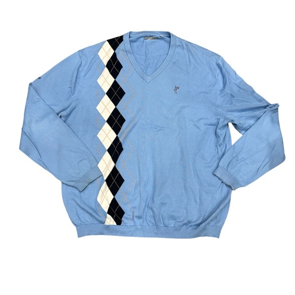 Ashworth Golf 2XL XXL V-Neck Sweater Argyle Light Blue White Black Diamond NWOT - Picture 3 of 7